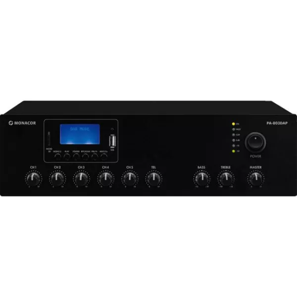 Mono mixážny PA zosilňovač triedy D Monacor PA-803DAP, MP3, USB/SD, FM, DAB+, BT, 30 W