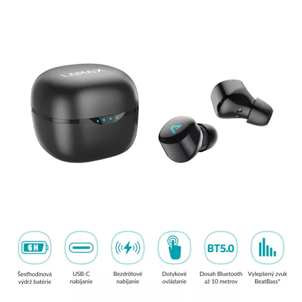 Bezdrôtové TWS slúchadlá LAMAX Dots2 Touch Black wireless charging
