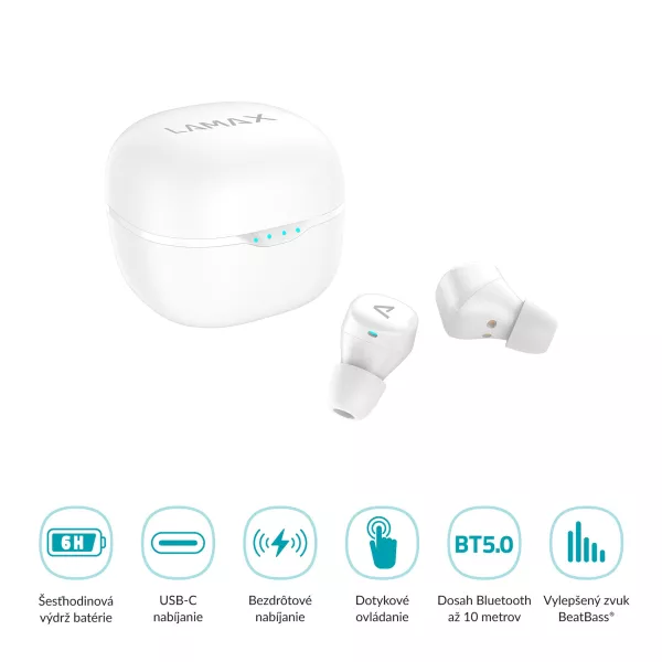 Bezdrôtové TWS slúchadlá LAMAX Dots2 Touch White wireless charging